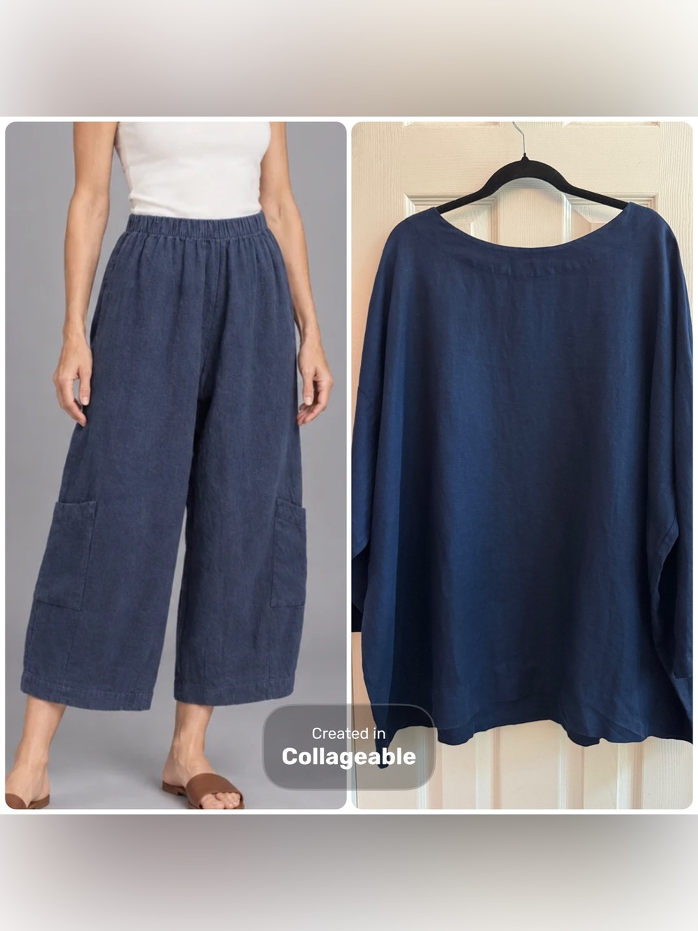 BRYN WALKER 2 Piece Set Casbah Barrel Leg Cropped Linen Pants & Top Navy Size XL